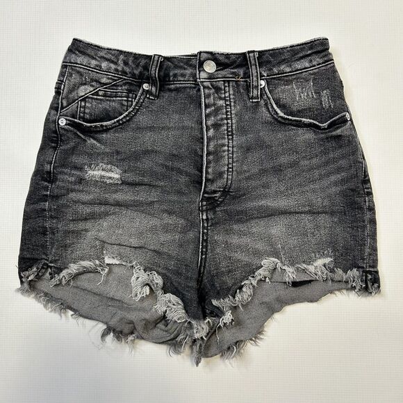 WE THE FREE Crvy Distressed Hi-Rise Button Fly Cut Off Jean Shorts 28 Black - Picture 2 of 9